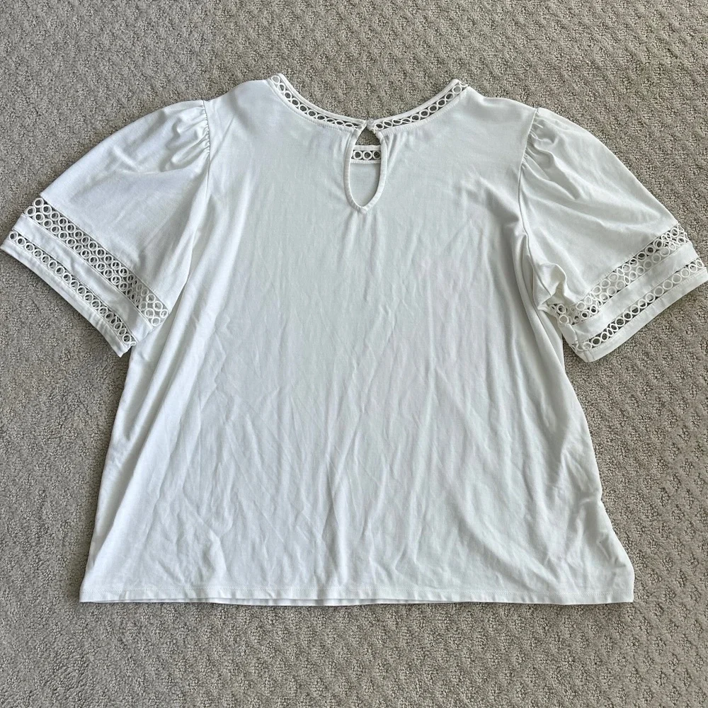 Anne Klein Harmony Knit Lace Trim Elbow Sleeve T-Shirt White Size 2X Casual - Picture 8 of 13